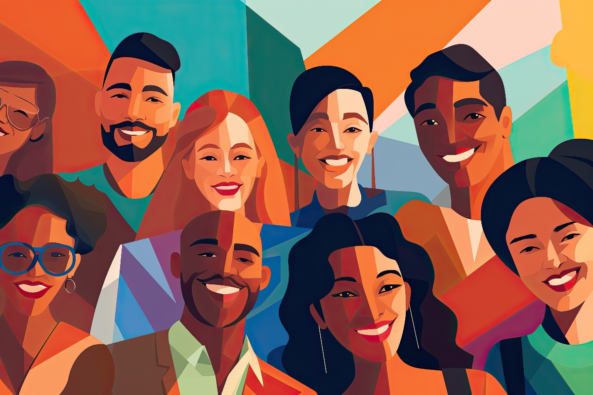 A colorful illustration features a diverse group of people, all smiling. The background consists of vibrant geometric shapes.