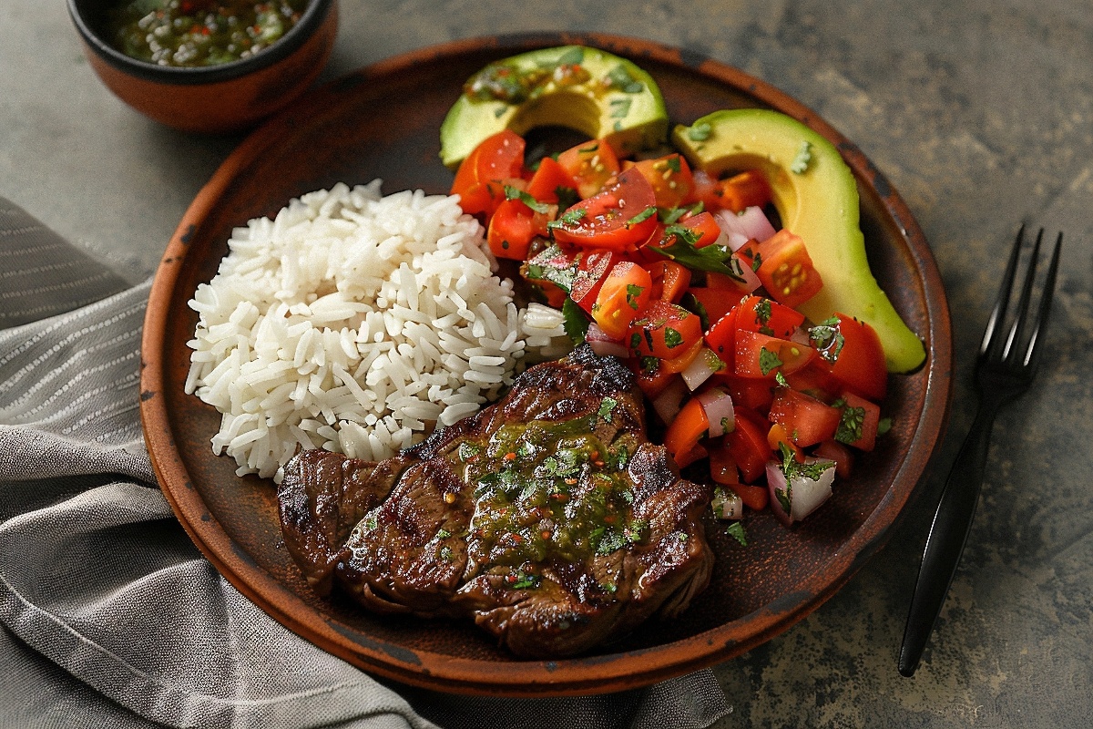 delicious colombian beef steak with tomatoes sauce, rice, avocado, bananas fries-1