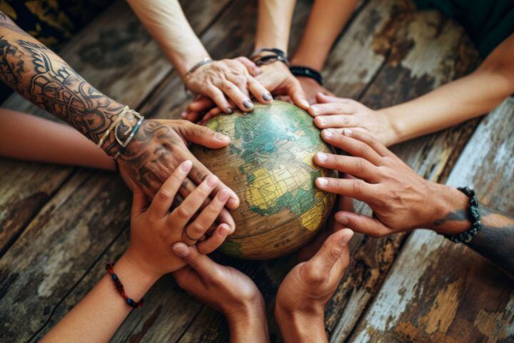 Several hands of diverse appearances touching a globe resting on a rustic wooden surface.